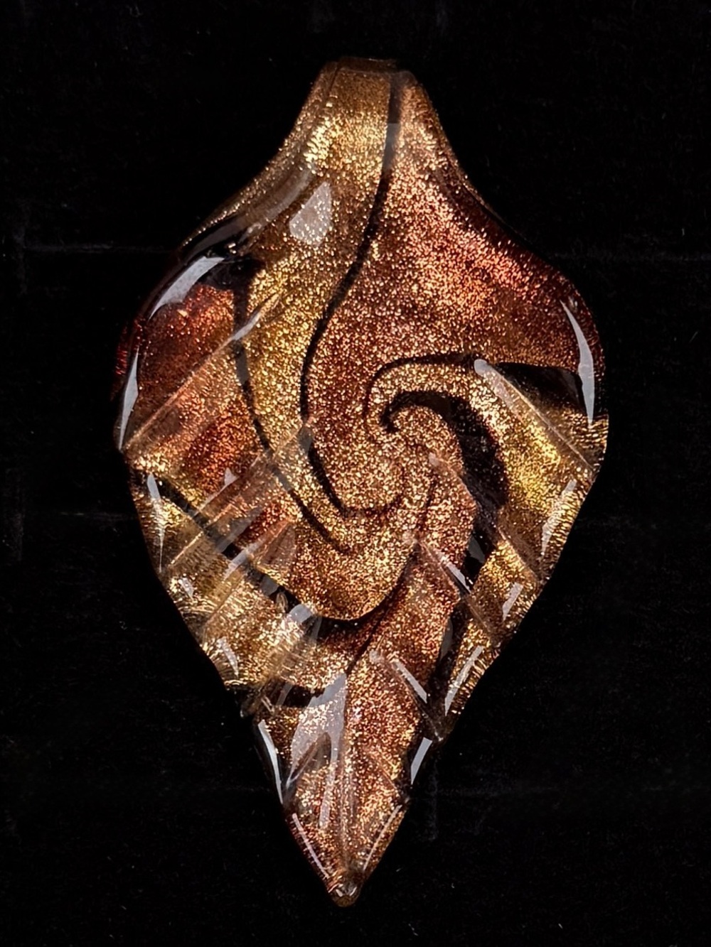Vintage Murano Style Copper Gold Aventurine Glass Leaf Pendant